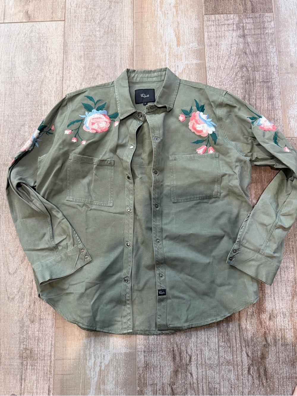 Rails Olive Button-Down Shirt with Pink & Cream Floral Embroidery